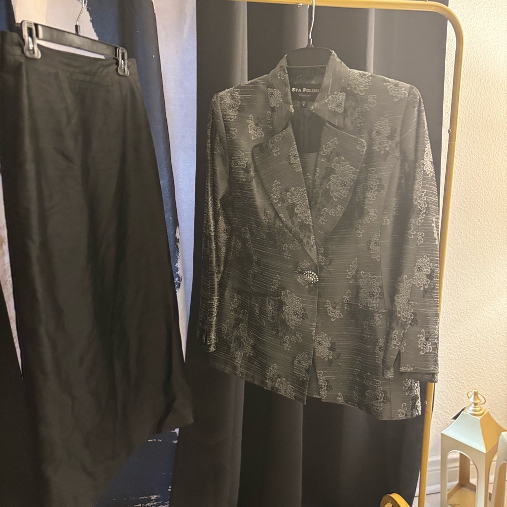Black and Silver Floral Blazer and Skirt Set